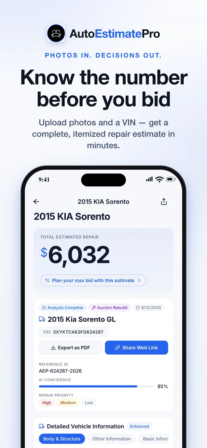 Car Repair Cost Estimator AI App Screen showing a $6,032 estimate