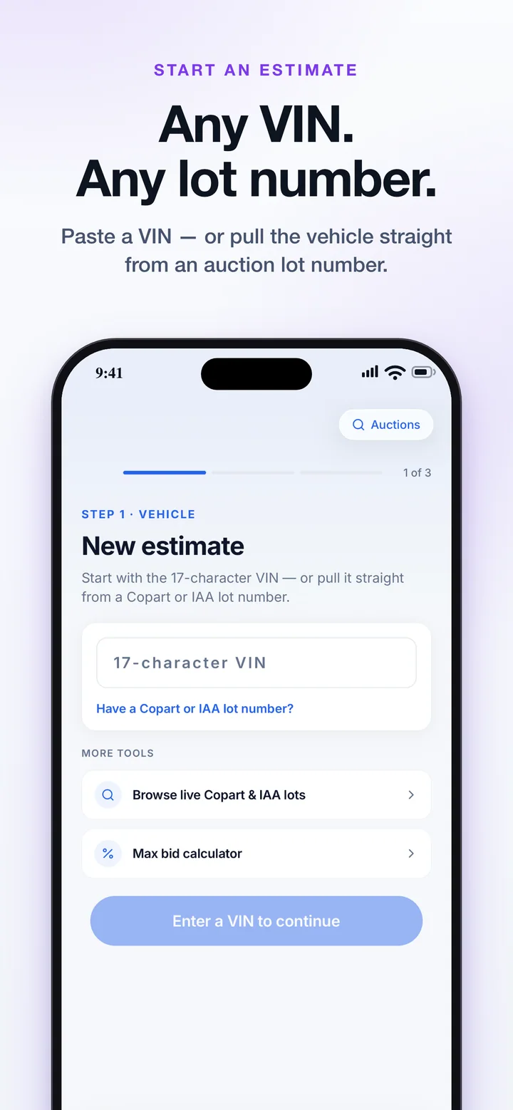 Copart and IAA auction vehicle search in Car Repair Cost Estimator AI
