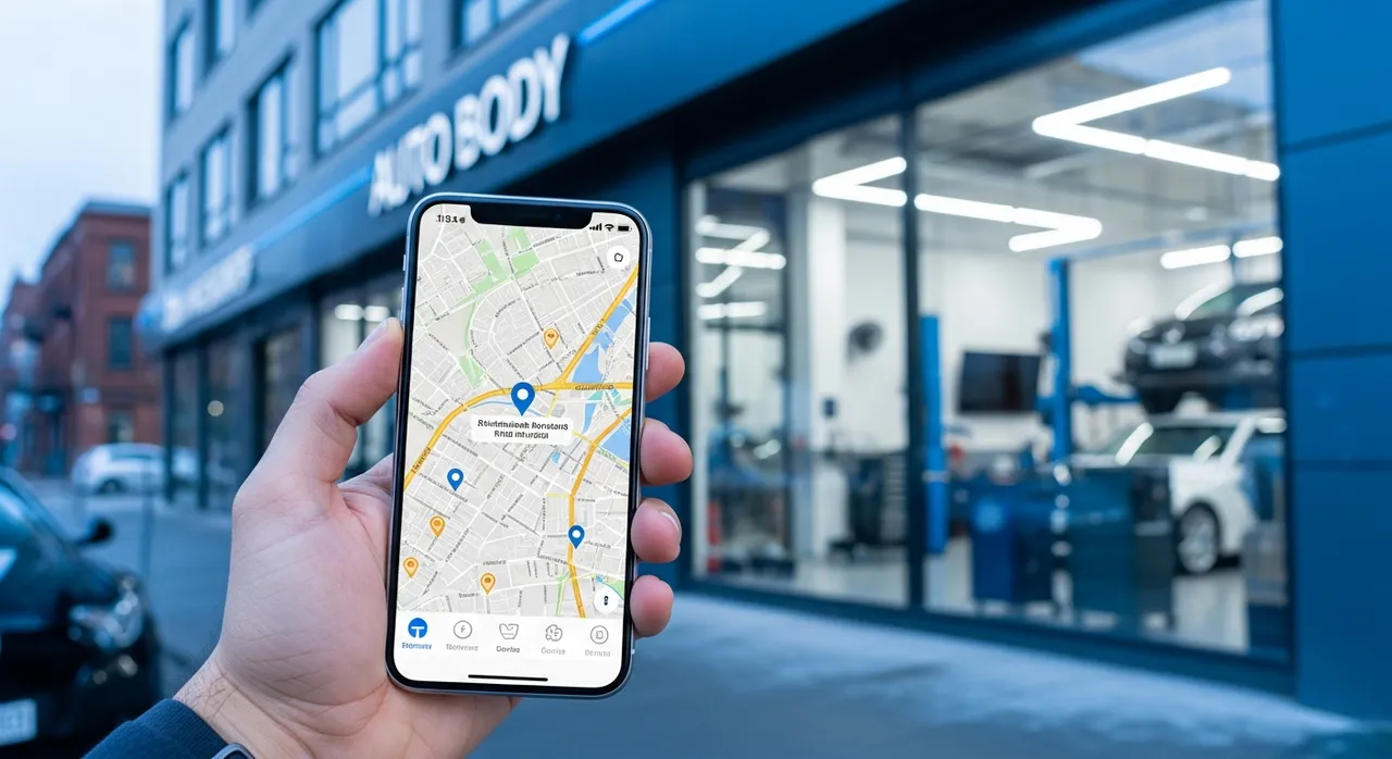 Local SEO for body shops — a customer searching for collision repair near them on a smartphone map